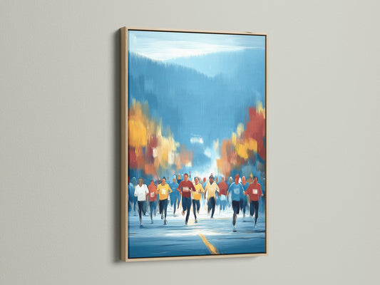 Framed marathon runners artwork with an oak frame. This sports wall decor is perfect for a minimalist or Scandinavian style. The artwork features a group of athletes in an autumn landscape. Ideal for fitness motivation in a home gym or office.