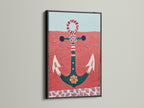 Black frame accentuates the anchor artwork's bold lines. This coastal wall art is perfect for bathroom artwork. The red and teal art complements any space. Enhance your vacation home with this ocean canvas. The navy theme adds a nautical touch. Ideal for studios lobbies and clinics.