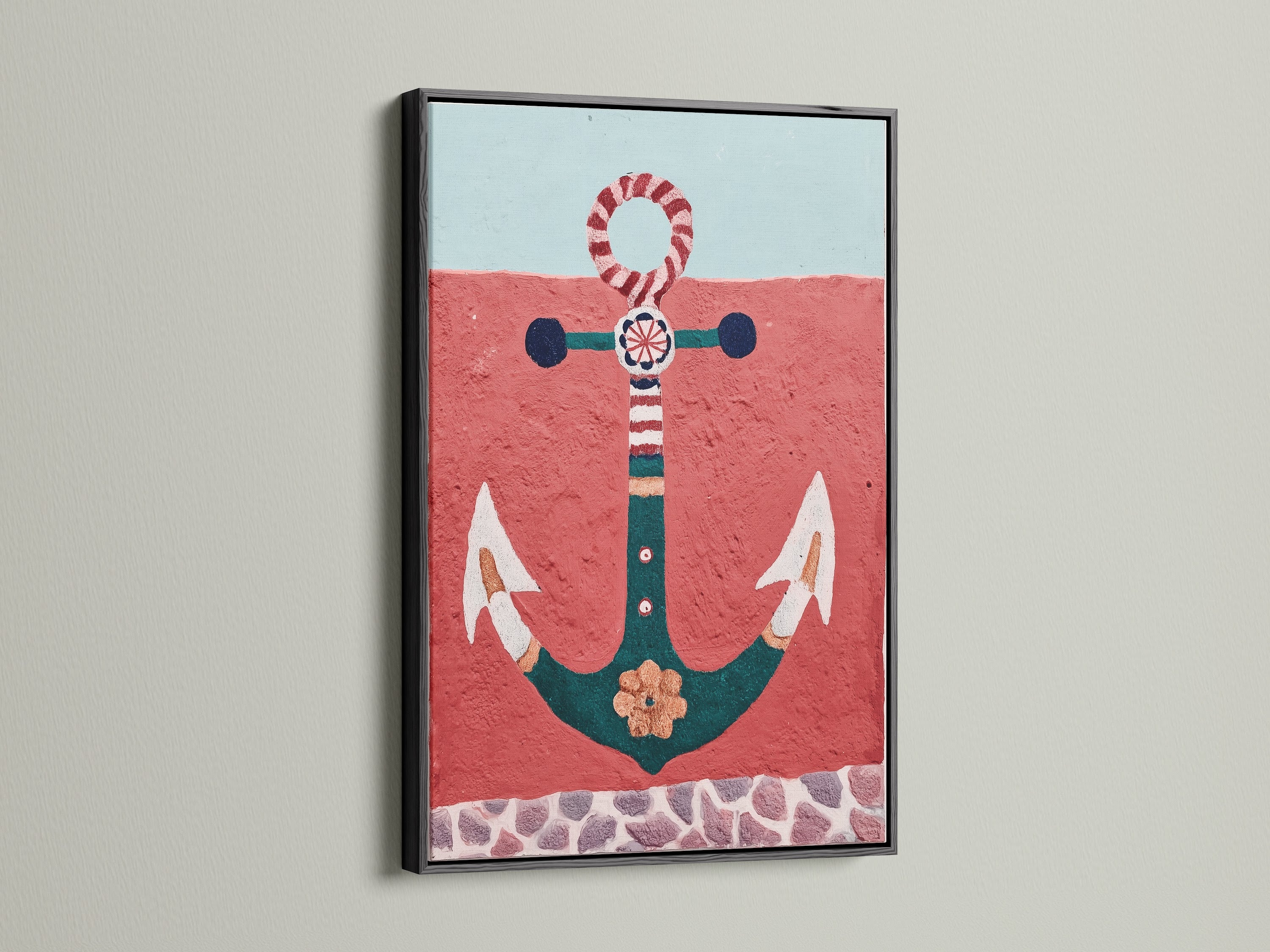 Black frame accentuates the anchor artwork's bold lines. This coastal wall art is perfect for bathroom artwork. The red and teal art complements any space. Enhance your vacation home with this ocean canvas. The navy theme adds a nautical touch. Ideal for studios lobbies and clinics.