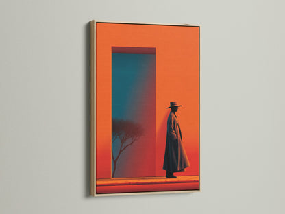 Discover Western Cowboy canvas prints in an oak frame. This retro desert wall art features an orange and teal silhouette. Perfect for man cave decor or southwestern home decor. The oak frame enhances the vintage feel.