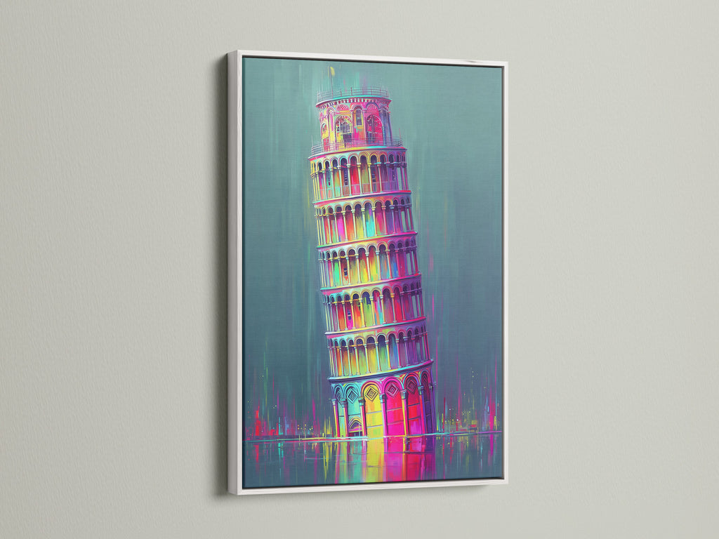 See how a white frame complements the Leaning Tower of Pisa artwork. The bright white enhances the rainbow pop art canvas. A perfect choice for vibrant home decor. Showcase your Italy wall decor now