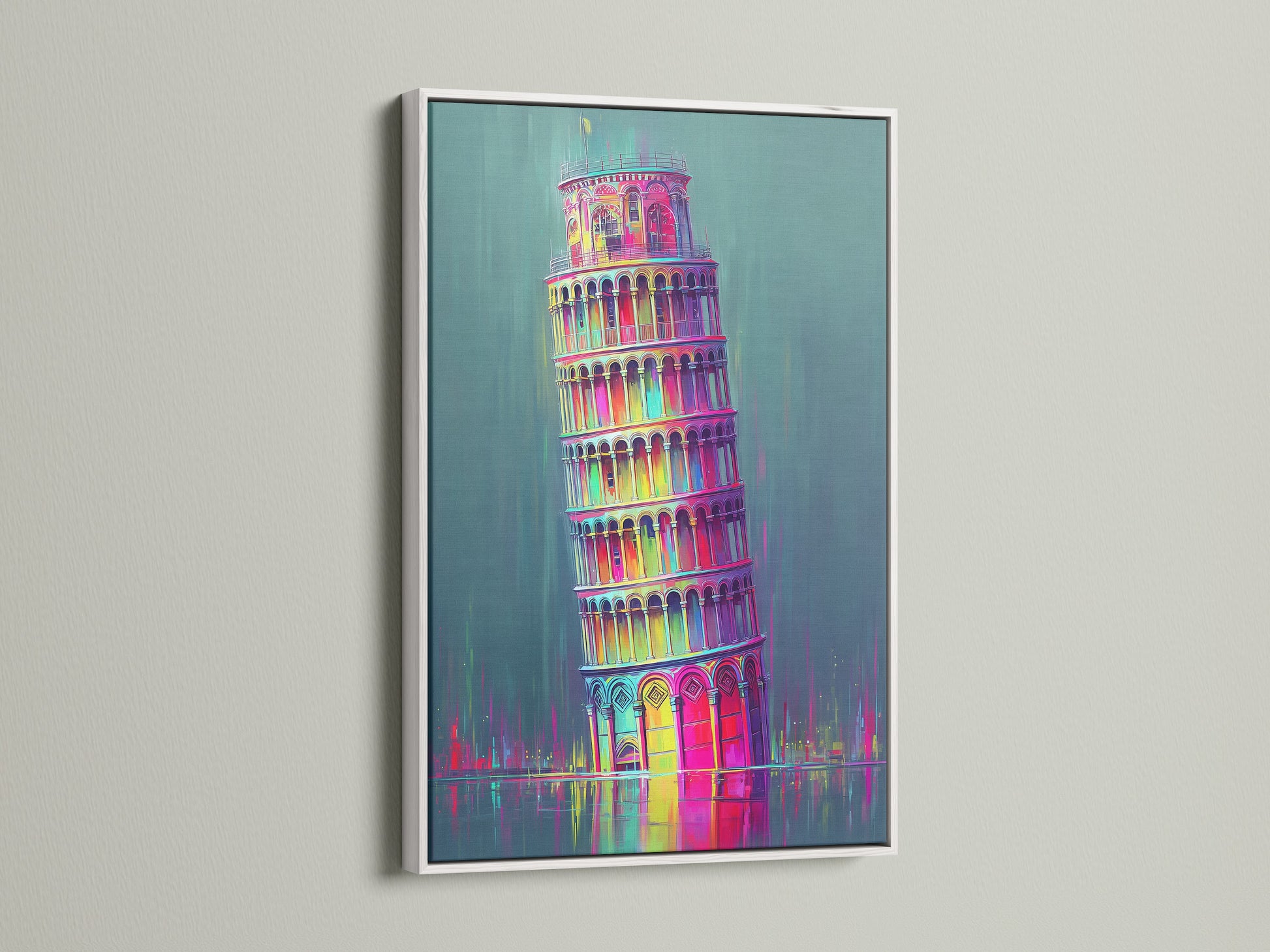 See how a white frame complements the Leaning Tower of Pisa artwork. The bright white enhances the rainbow pop art canvas. A perfect choice for vibrant home decor. Showcase your Italy wall decor now