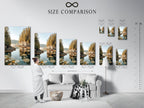An interior setting displays a size comparison chart for artwork. Visualize the perfect dimensions for your living room wall art. Find the ideal size for your serene landscape canvas print. Size chart helps you choose the right artwork for your space.