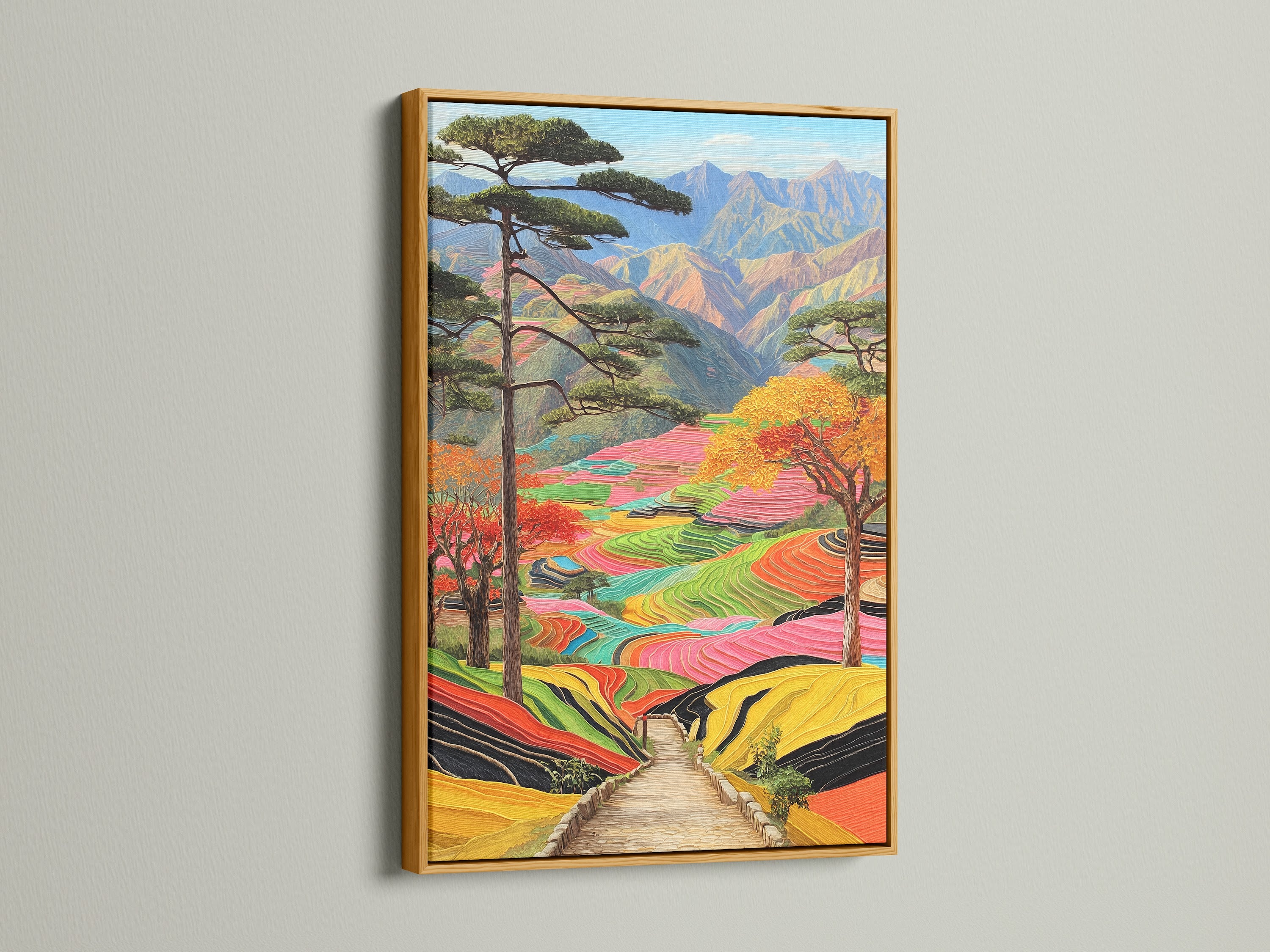 The terraced rice fields artwork is showcased in a gold frame. The colorful mountain landscape offers scenic art. The gold frame adds elegance to the vibrant artwork. It is perfect for any room.
