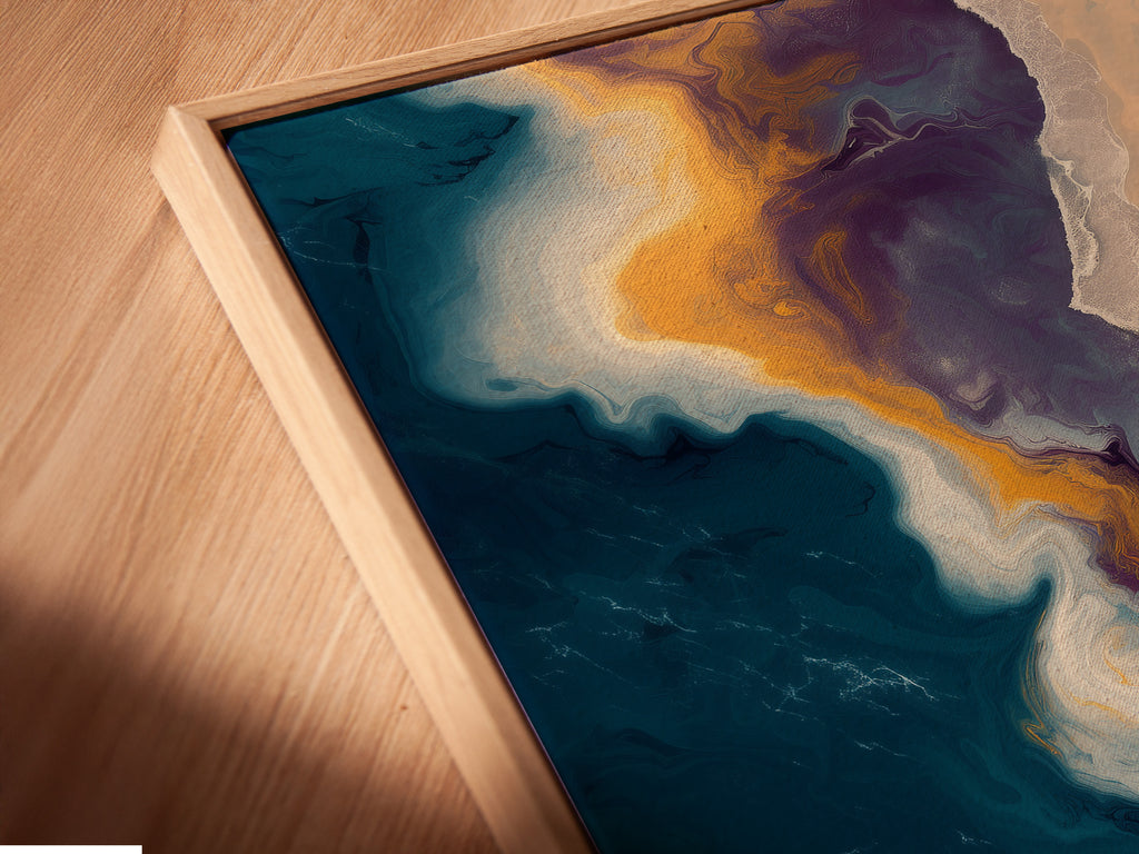 Close up angled view of a canvas print in a floating frame. The frame enhances the artwork. It creates a gallery-like display. This frame adds depth and dimension. Perfect for showcasing art in style. Explore floating frame options today.