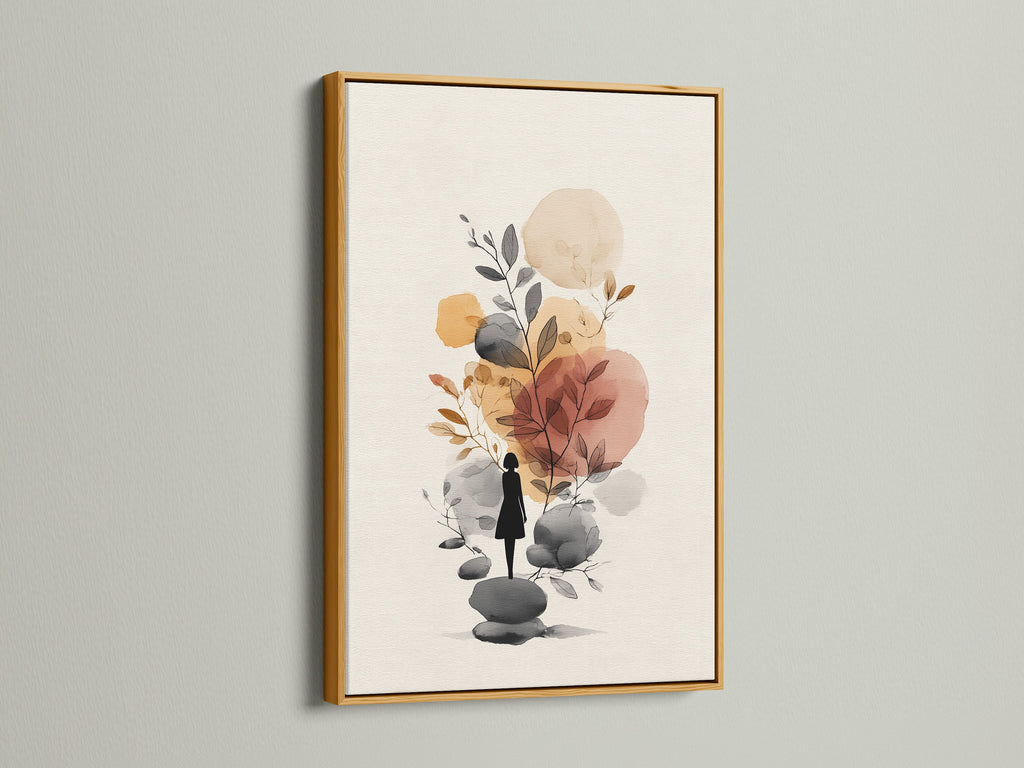 Abstract Botanical Art Print - Minimalist Woman Silhouette, Neutral Tones Wall Decor, Modern Nature Artwork, Boho Home Decor