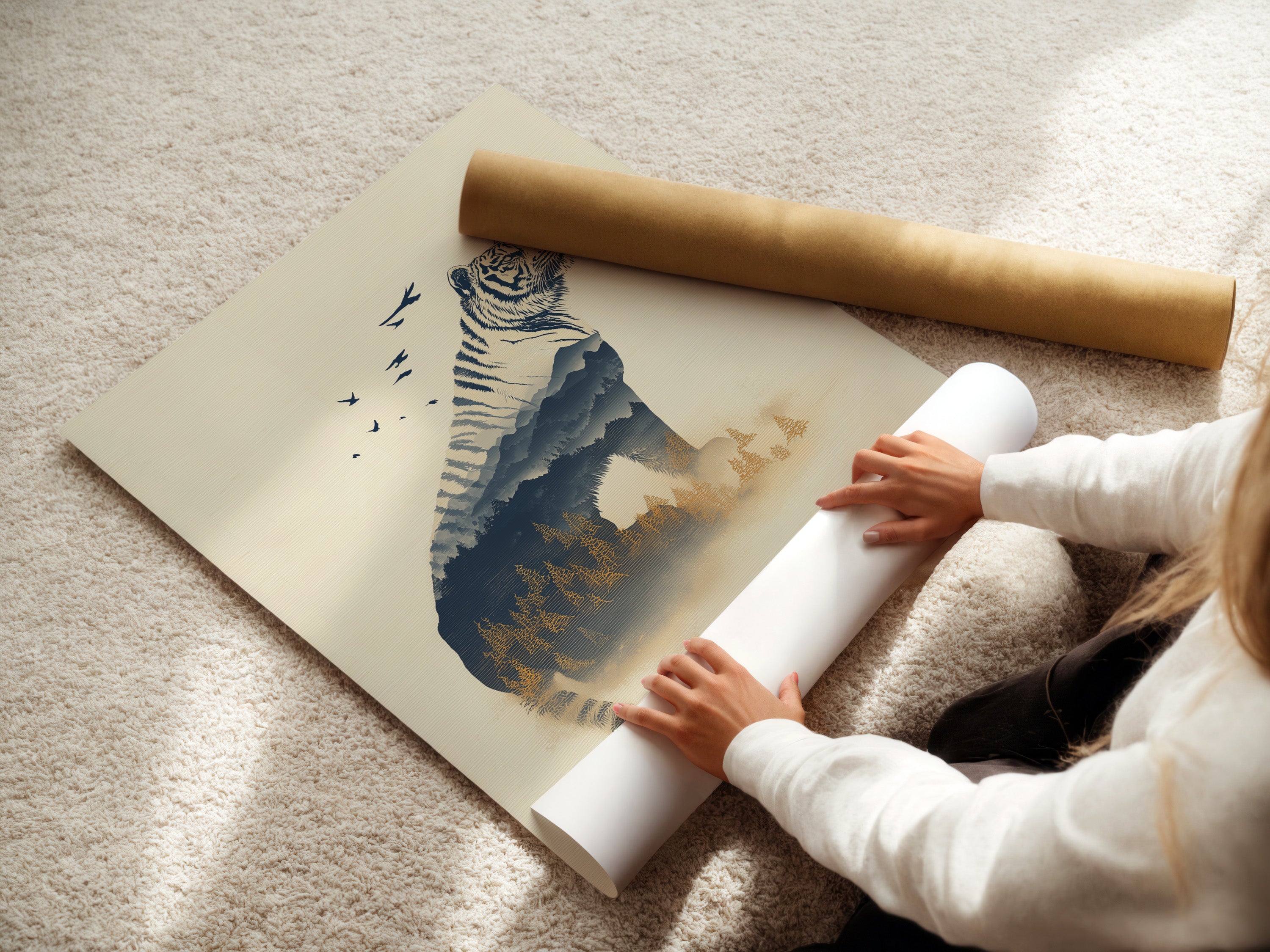 A woman carefully rolls a fine art poster paper featuring tiger artwork. This double exposure print is ready for framing. The wildlife canvas art comes in various formats. Perfect for creating custom wall decor. This is a high quality misty forest print.