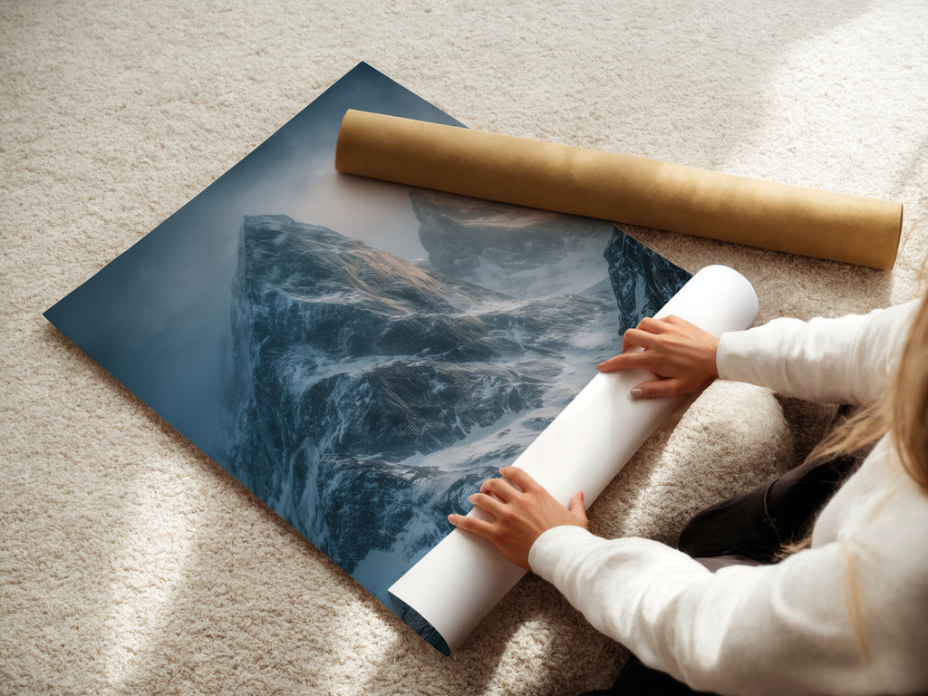 A woman is carefully rolling a fine art poster paper. The process ensures the artwork's protection. This method preserves the quality of the Snowy Mountain Peaks Canvas Print. Perfect for homeowners and apartment dwellers.