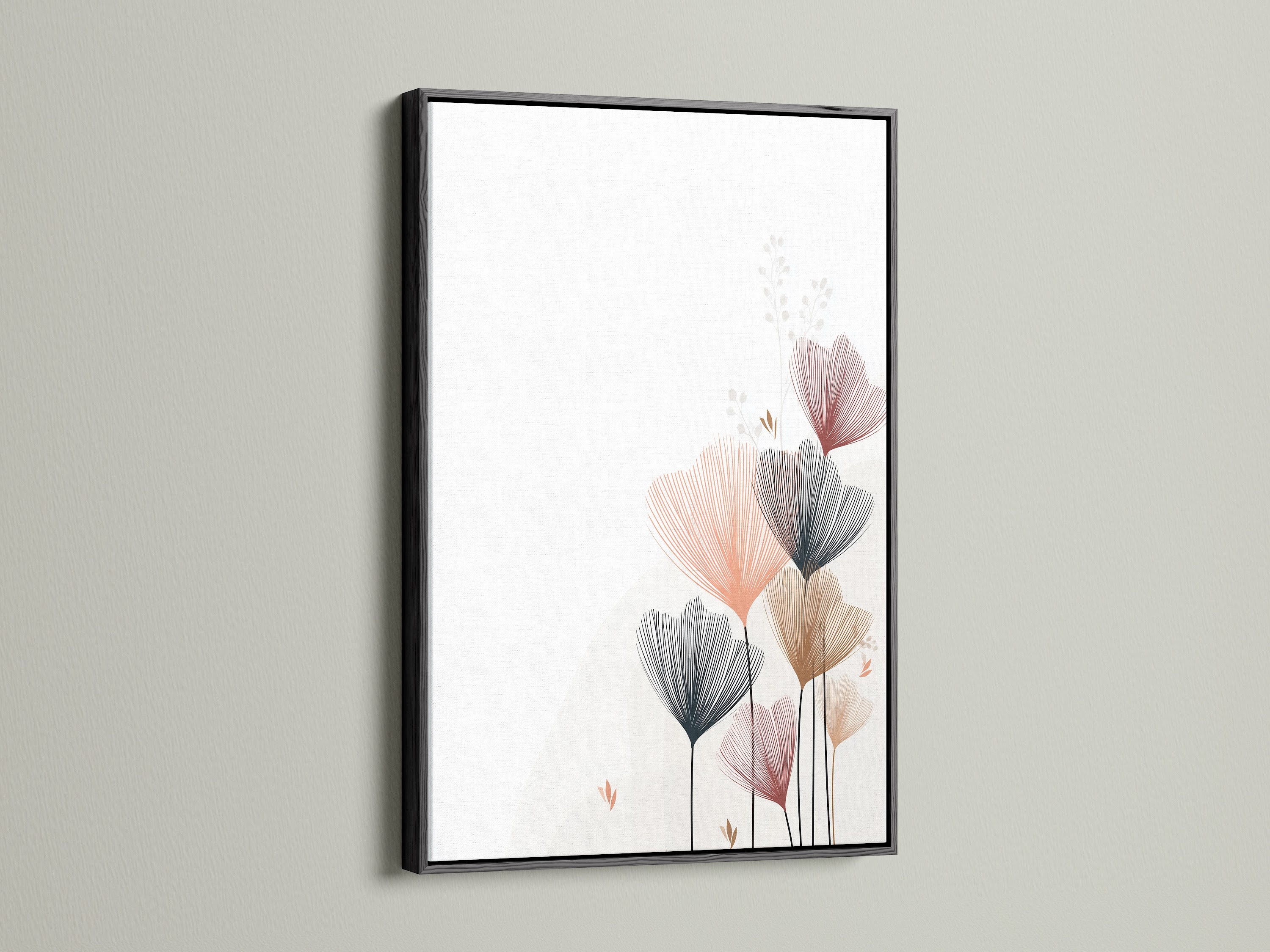 A black frame accentuates the beauty of this floral line art. The abstract botanical wall decor complements modern interiors. The artwork features delicate line drawings in neutral tones. This flower canvas adds a touch of elegance to bedroom decor. Explore minimalist art.