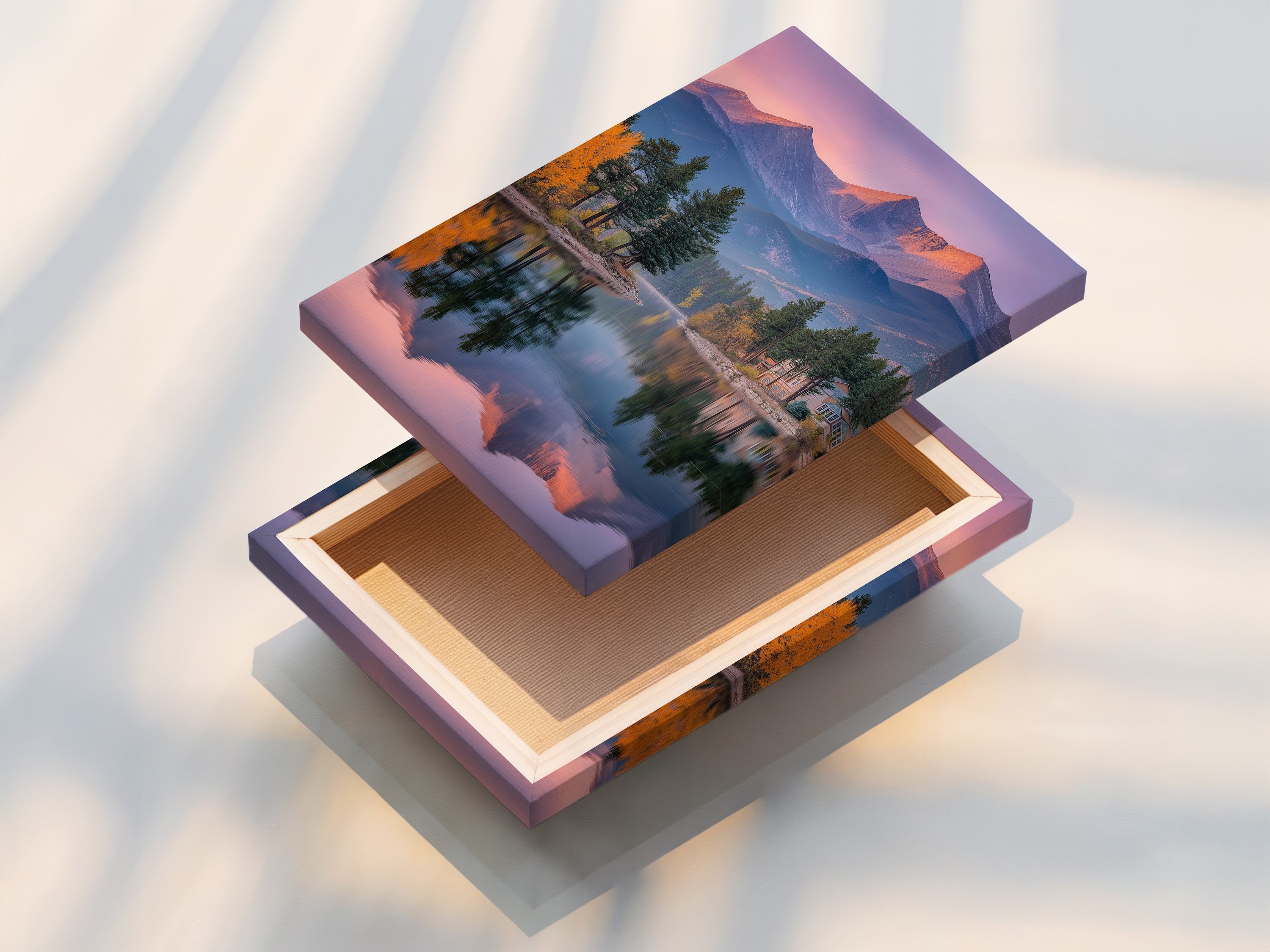 This stretched canvas print features a captivating mountain lake scene. The artwork is ready to hang and enjoy. The pink sunset and pine trees bring a sense of calm. Ideal for living room wall art or bedroom wall decor.