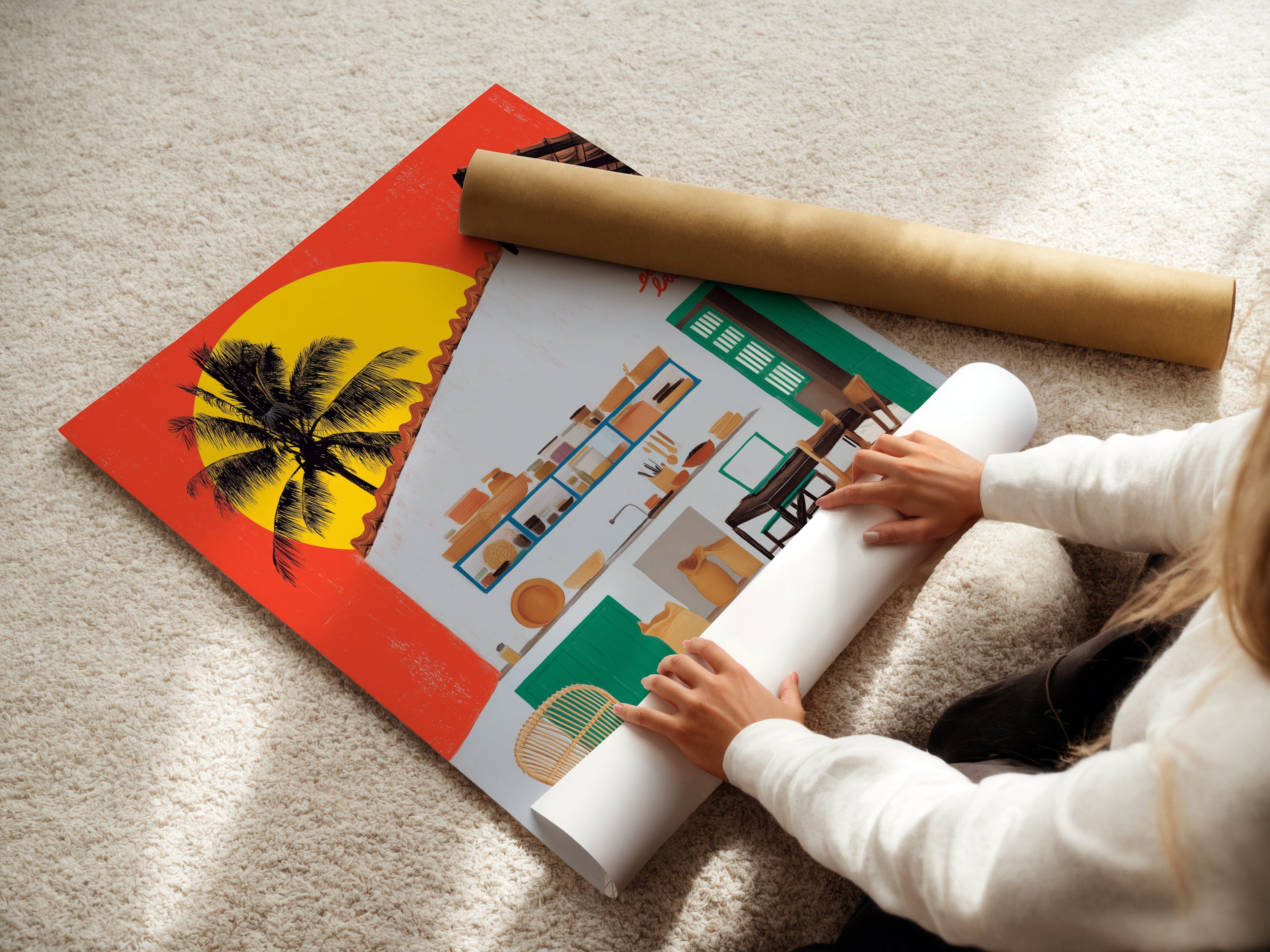 A woman is carefully rolling a fine art poster paper. This paper showcases coastal kitchen artwork. It features tropical palm wall art. Perfect for creating modern island home decor. Ideal for vacation home artwork. Get your fine art poster paper today.