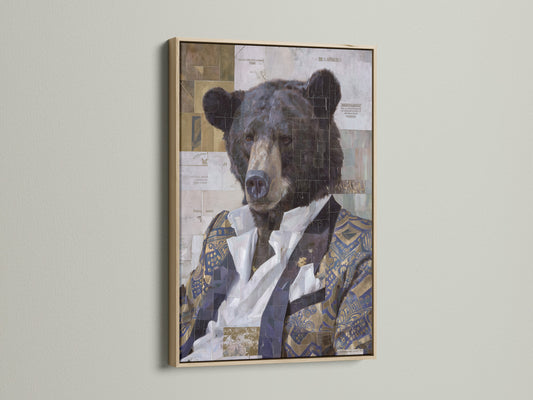 Oak frame featuring a vintage collage bear portrait art print. The animal wall art is perfect for homeowners renters and interior designers. Elevate your space with this mixed media print suitable for rustic or bohemian styles in study rooms libraries or offices.