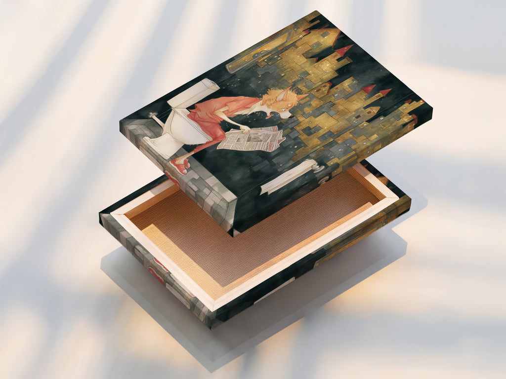 A stretched canvas print of a funny dog artwork. The canvas is ready to hang and enjoy. It adds a touch of humor to any room. The high-quality print ensures vibrant colors. Perfect for dog lovers and quirky home decor.