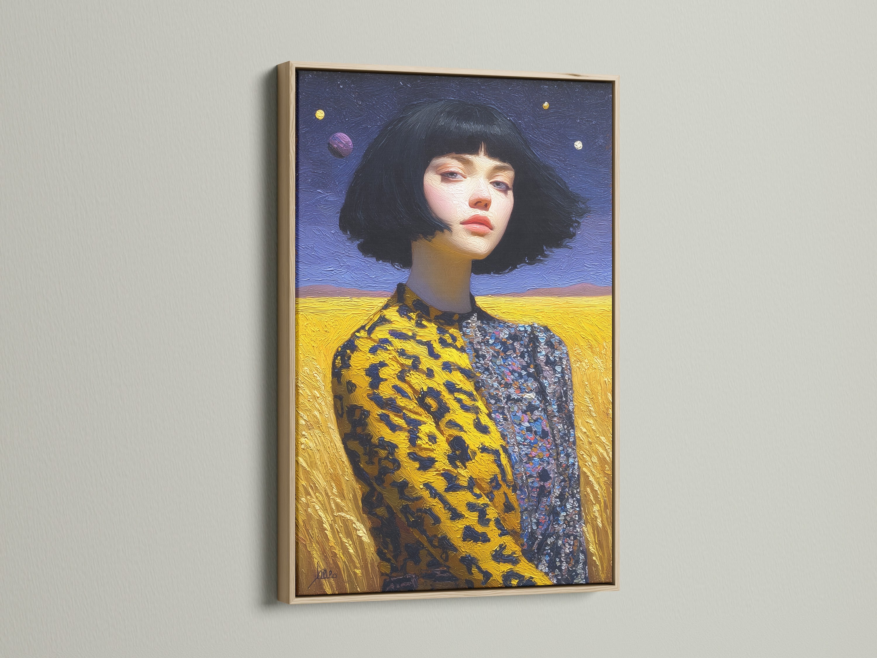 A captivating surreal portrait artwork with a woman with a bob haircut in an oak frame. The artwork is gallery-wrapped. It's a dreamlike painting print for bedroom wall decor. Add color and style to your space.