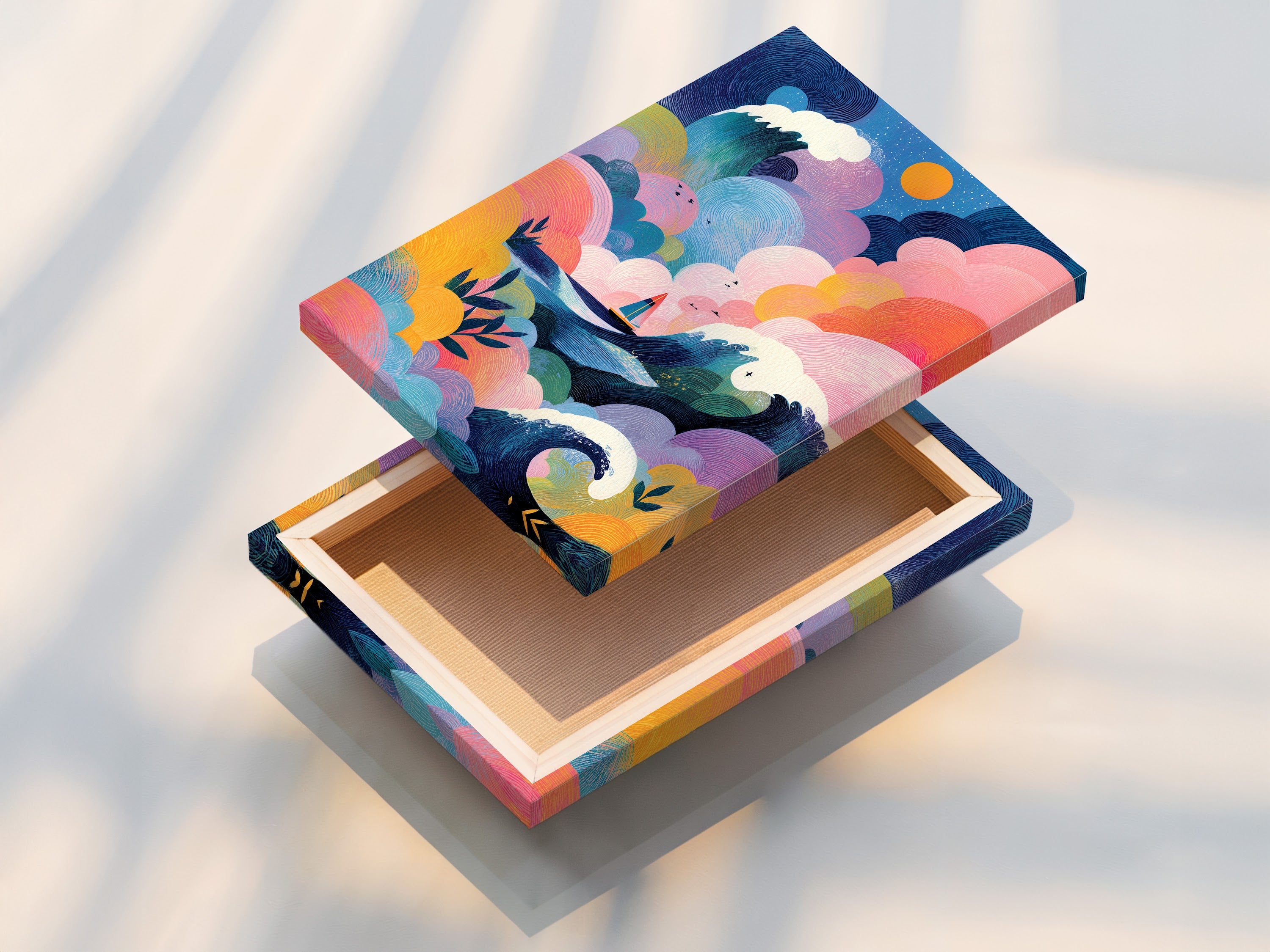 A stretched canvas print is displayed. The canvas texture enhances the artwork. The print features a colorful ocean scene. It is ready to hang and enjoy in any space. Stretched canvas offer a gallery feel.