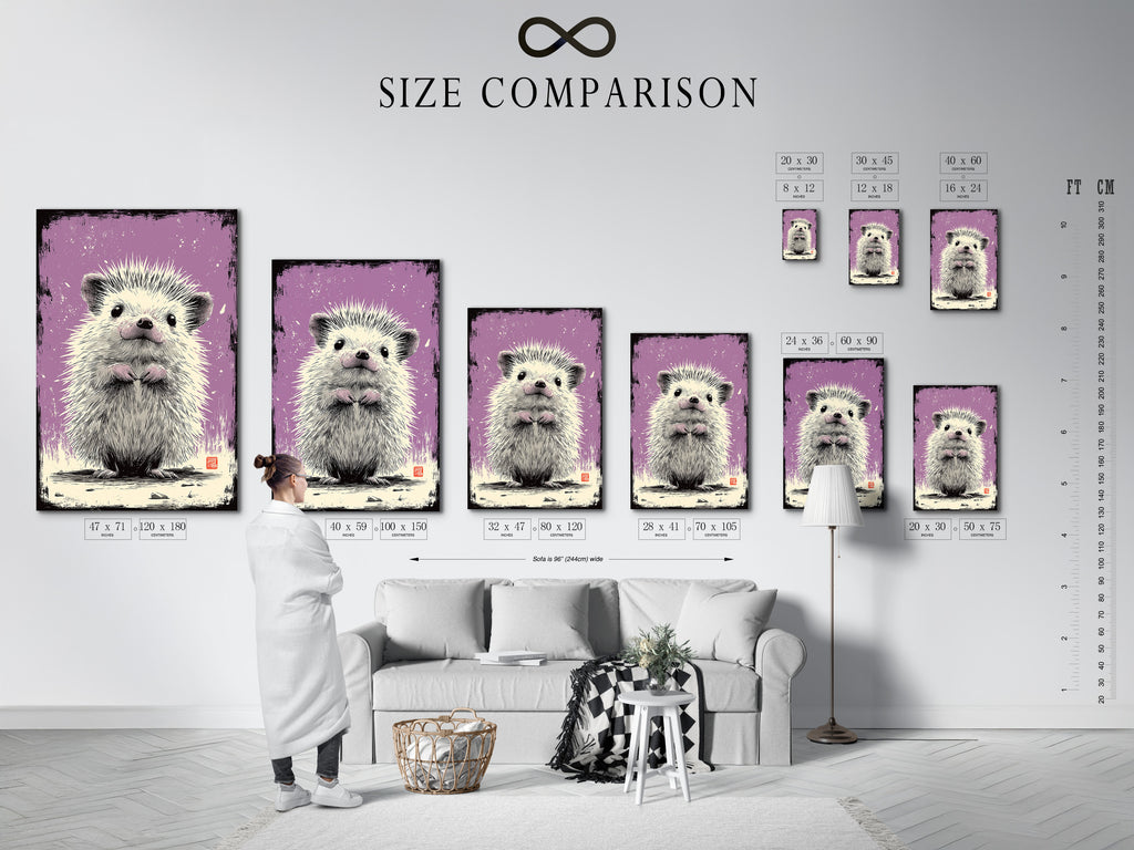 A size comparison chart is showcased. It's displayed in an interior setting. The chart helps visualize artwork dimensions. It aids in making informed choices. See how different sizes fit the space. This chart simplifies art selection.