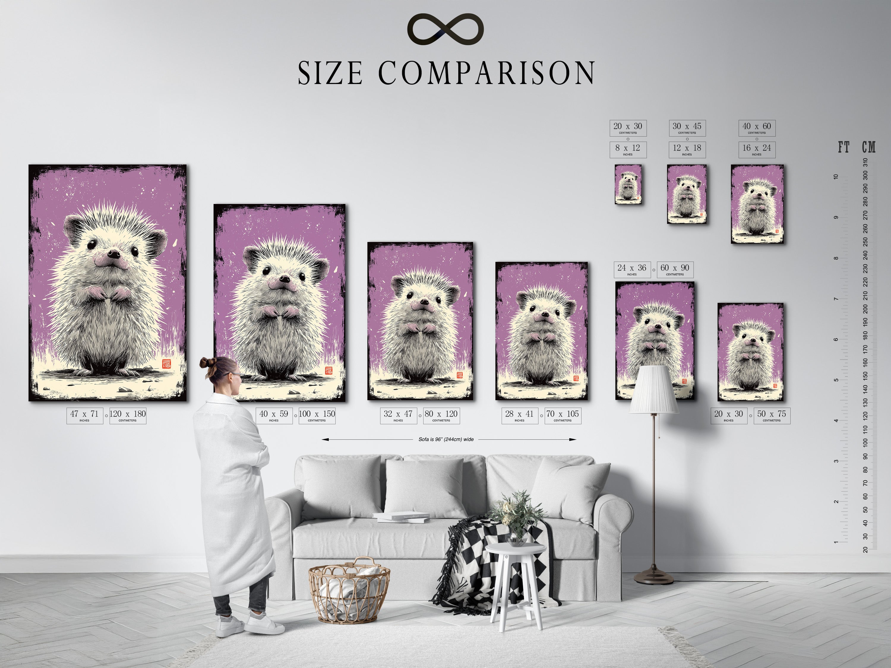 A size comparison chart is showcased. It's displayed in an interior setting. The chart helps visualize artwork dimensions. It aids in making informed choices. See how different sizes fit the space. This chart simplifies art selection.
