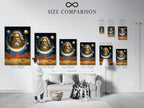 Size comparison chart in a modern interior. The cosmic portrait wall art features a celestial man on the moon. This surreal space canvas print adds a mystical touch to any home. Perfect for Living Rooms Offices Meditation Rooms studios lobbies and wellness centers.