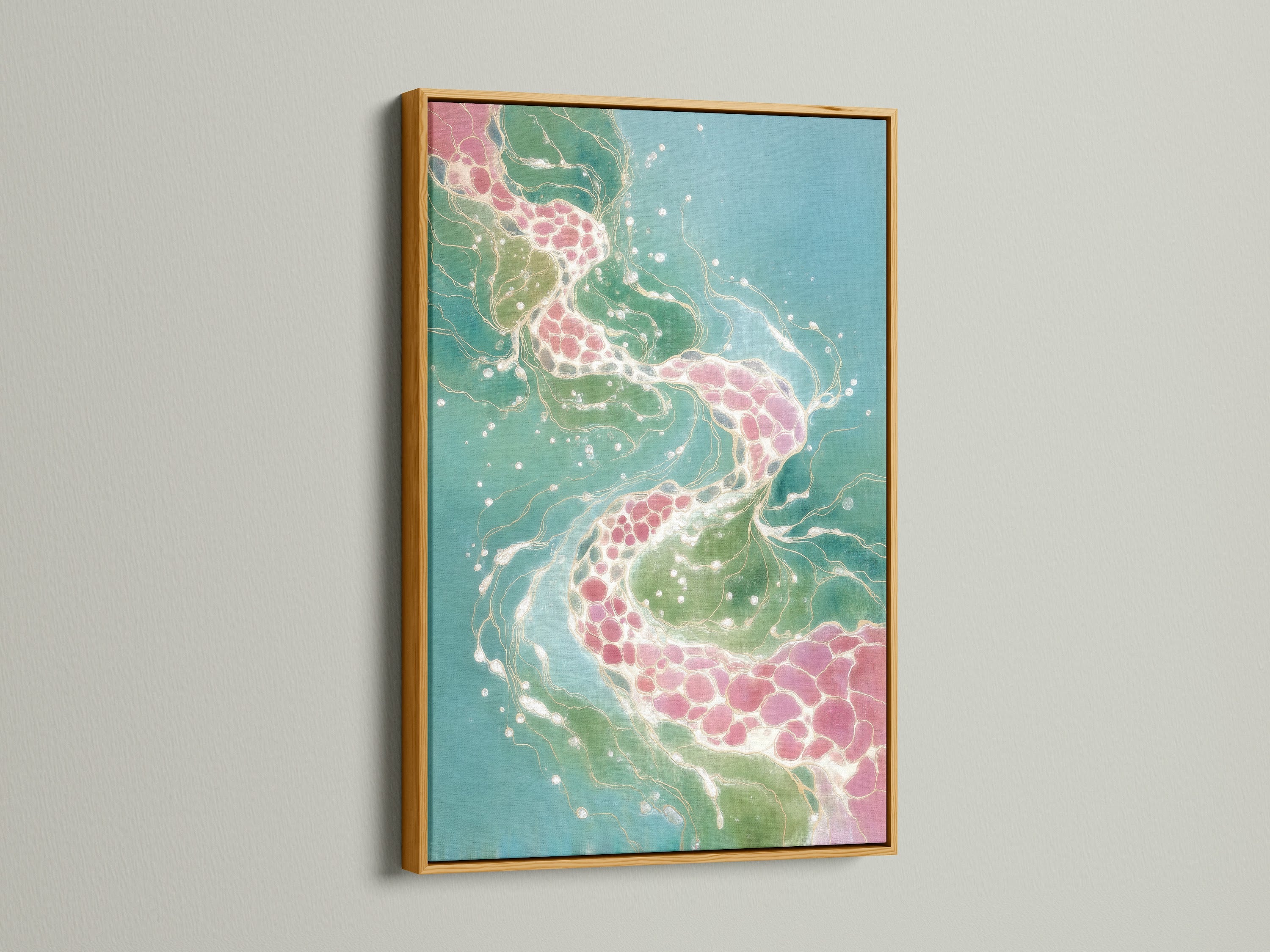 Abstract Fluid Art Print with a gold frame. This artwork features teal and pink colors. The organic flow pattern provides a modern look. Elevate your space with this flowing wall decor.