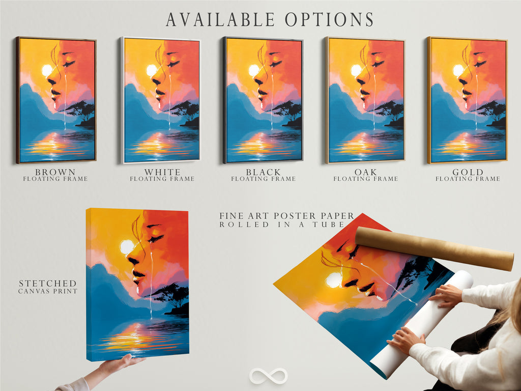 Available options include a stretched canvas print a fine art poster paper and a floating frame. Select your preferred style for this surreal portrait art with sunset lake reflection.