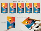 Available options include a stretched canvas print a fine art poster paper and a floating frame. Select your preferred style for this surreal portrait art with sunset lake reflection.