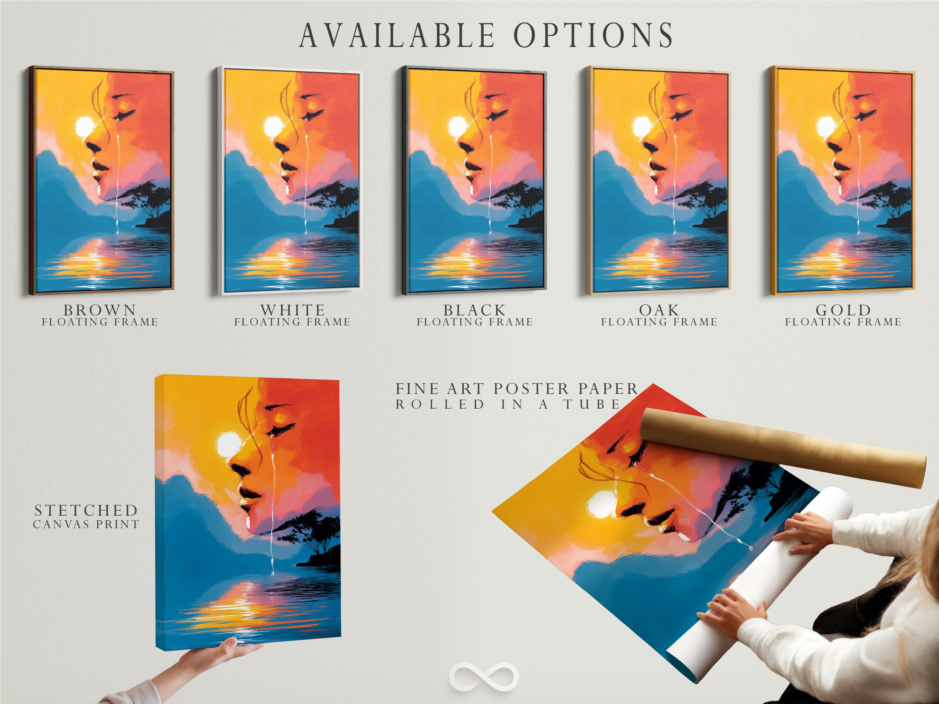 Available options include a stretched canvas print a fine art poster paper and a floating frame. Select your preferred style for this surreal portrait art with sunset lake reflection.