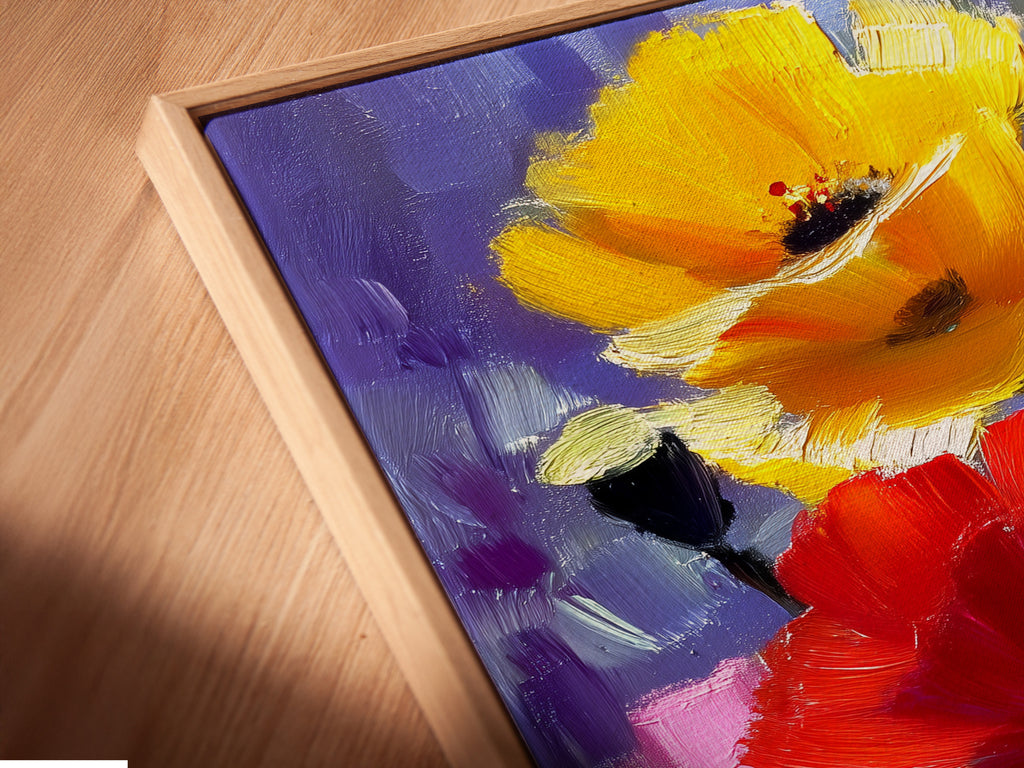 A close-up angled view of a canvas print in a floating frame. The frame creates a unique shadow effect. The artwork appears to float within the frame. This stylish framing option adds depth and dimension to your art.