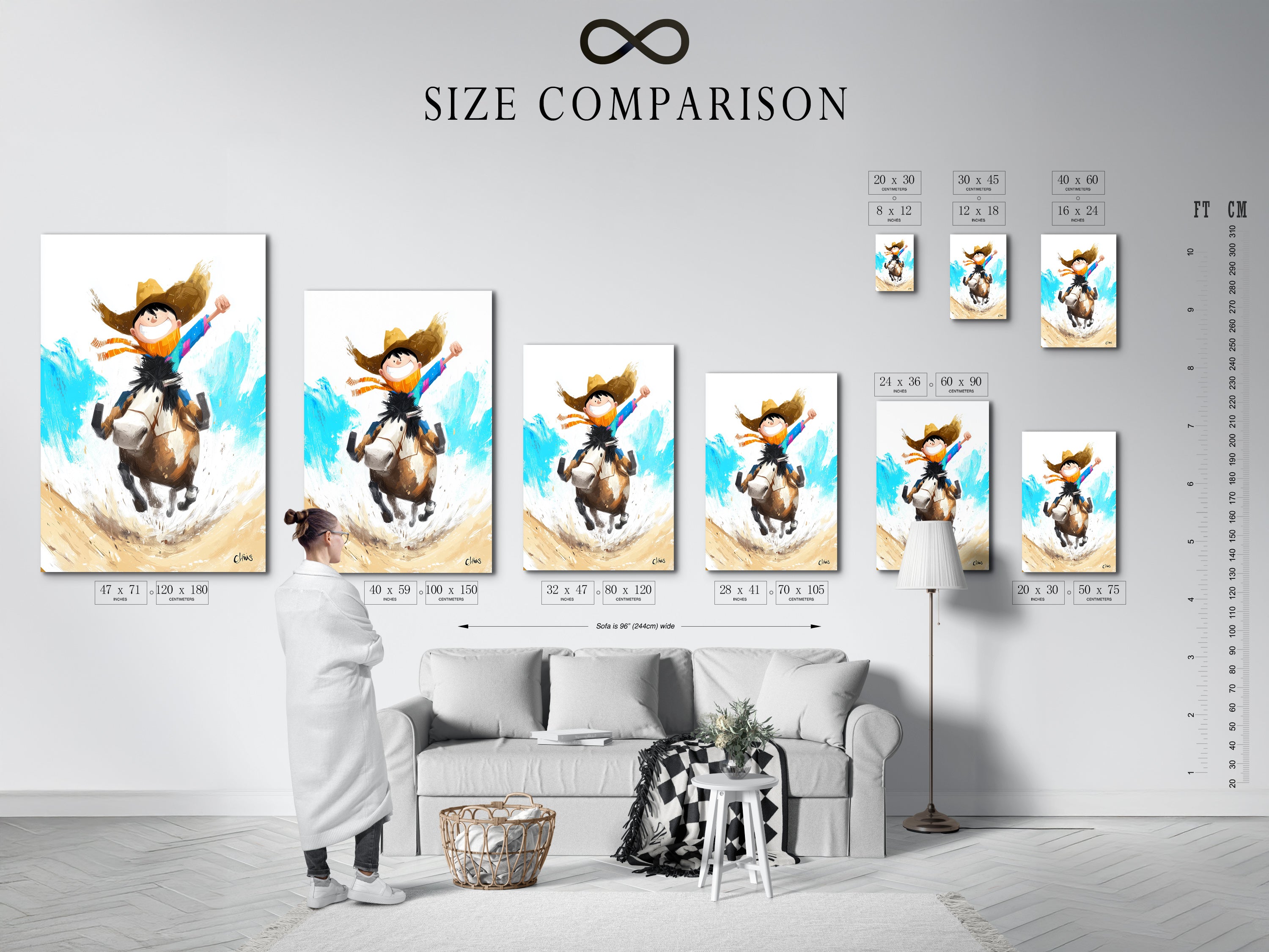 Size comparison chart in an interior setting. See how the artwork fits into different spaces. Various sizes are available to suit your needs. This chart helps you visualize the artwork in your home or office. Find the perfect size.
