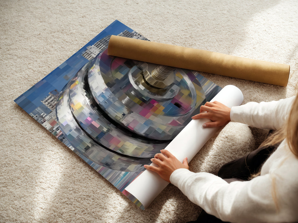 A woman rolls fine art poster paper. This highlights the care in creating our prints. The modern mechanical art is printed with precision. Ideal for fitness room decor or industrial art collections. Experience quality craftsmanship.