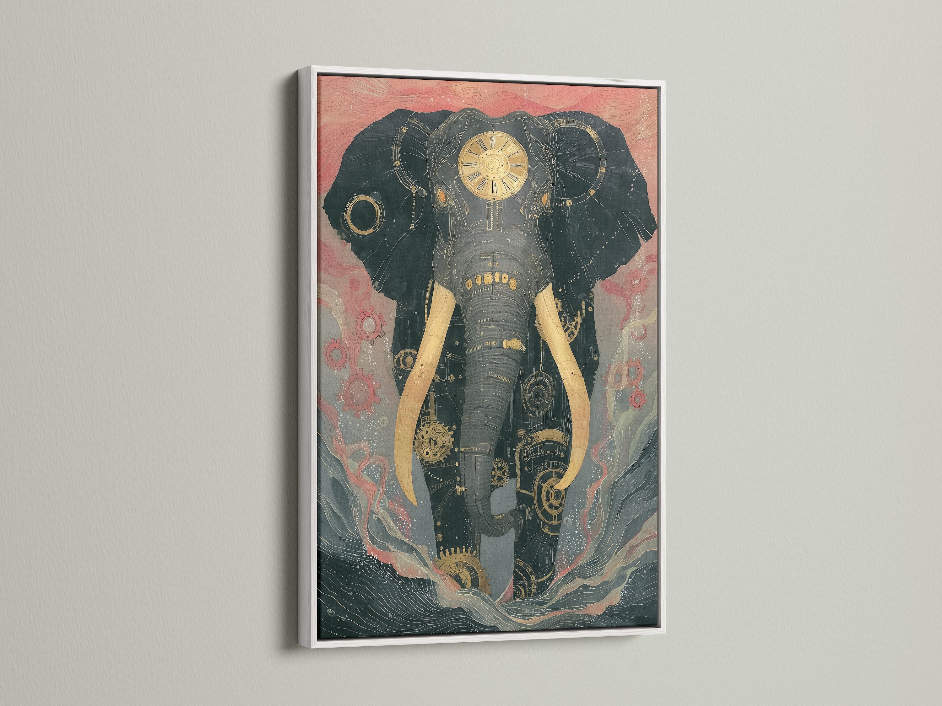 Steampunk Elephant artwork framed in a white frame. The mechanical animal artwork adds character. Enhance your living room with this piece. This vintage wall art complements eclectic styles.