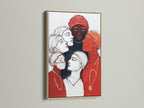 This is an oak frame displaying women empowerment art. The artwork features diverse female portraits in red and black contemporary colors. This canvas print is ideal for minimalist decor. Perfect for living rooms entryways and offices.