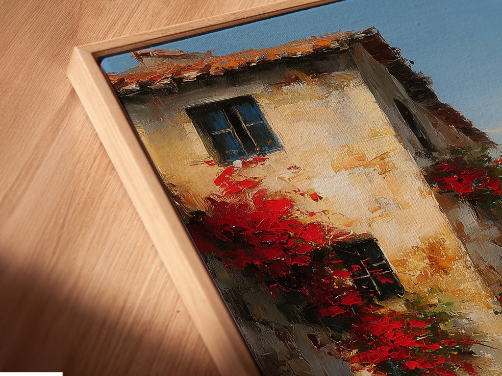 Angled close up of a canvas print in a floating frame. The artwork is a beautiful street scene. The floating frame enhances the artwork. The canvas print adds texture and depth. Discover the beauty of framed art. Perfect for adding elegance to your home.