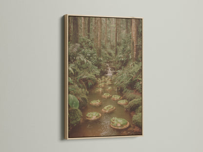 Close-up of a framed frog pond artwork. The artwork features a serene forest scene with green frogs. It is encased in an oak frame. This nature print enhances any space with its botanical charm. Ideal for homeowners renters and nature enthusiasts seeking unique wall art. The oak frame complements the artwork's green and brown tones.