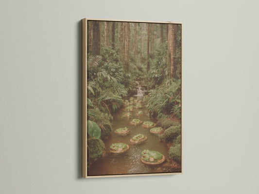 Frog Pond canvas art showcased in an oak frame. This serene nature artwork captures a whimsical scene with frogs in a pond. Ideal for adding a touch of green aesthetic to your living space.