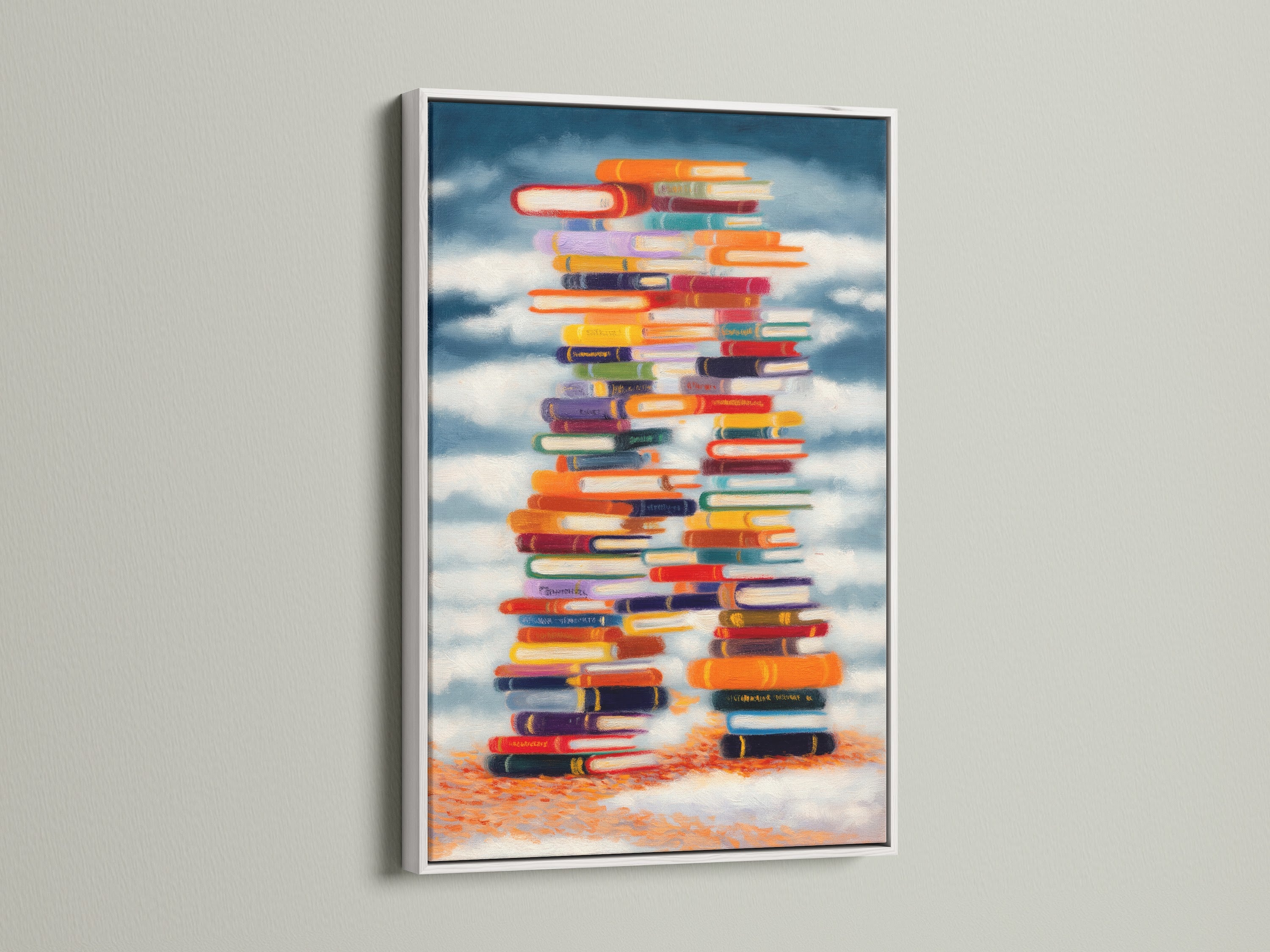 Stacked Books Canvas Print showcased in a white frame. Perfect for adding color to your library wall art or study room decor. The white frame offers a clean and classic look.