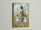 This artwork is set in a luxurious gold frame. The art shows Jesus Christ with two young girls in a meadow. The gold frame adds elegance. It enhances the artwork's beauty. It brings a sense of grandeur to any space.