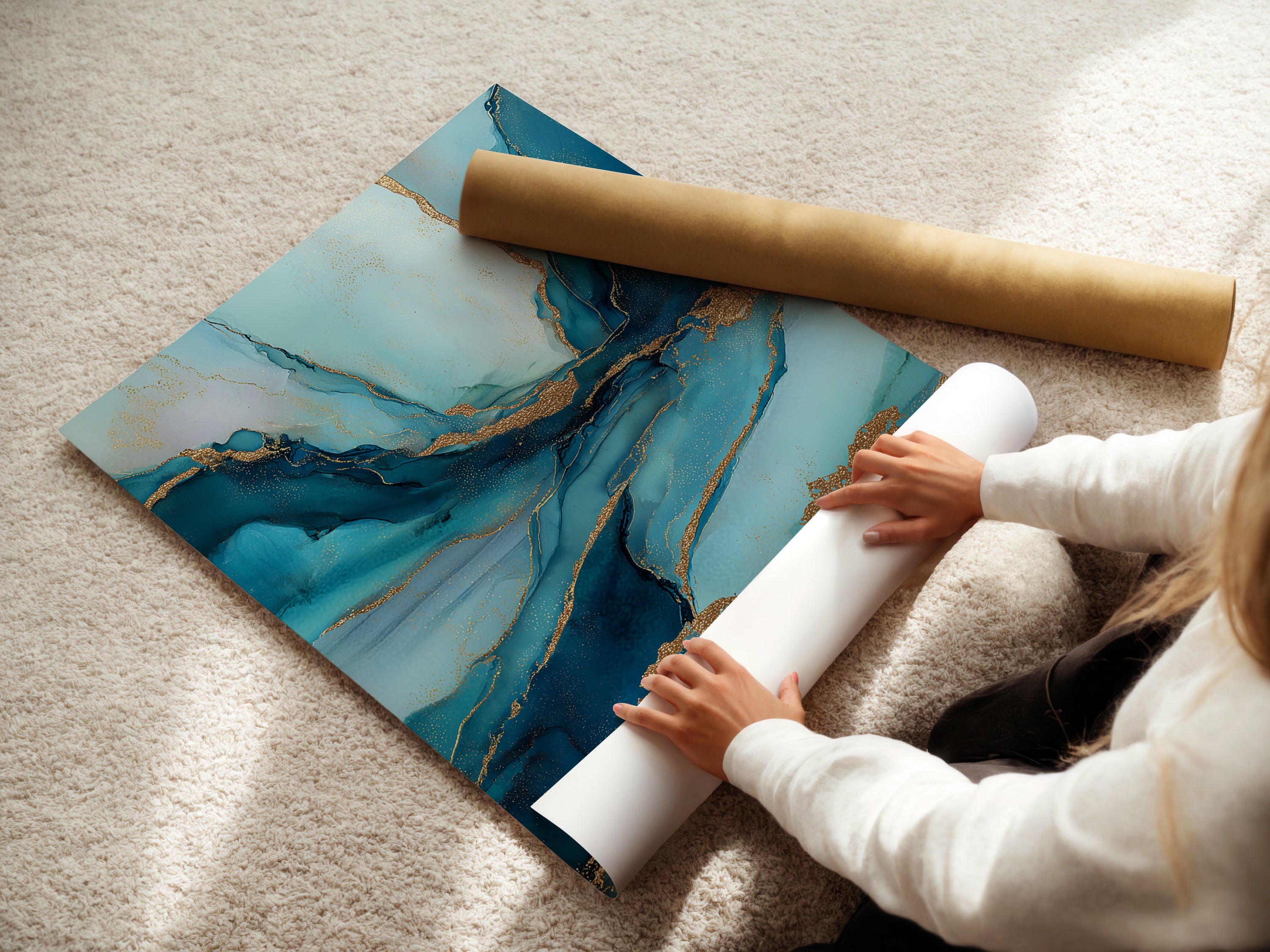 A woman is carefully rolling a fine art poster paper. The paper is high-quality ensuring a pristine finish. This poster paper is ideal for showcasing artwork. Perfect for creating stunning prints of abstract art. The smooth surface enhances the colors and details of the art.