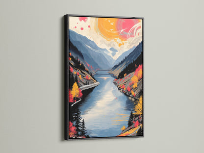 Modern mountain lake art in a black frame. The artwork displays an autumn landscape featuring teal and coral shades. This nature canvas print adds a bold and contemporary touch to minimalist Scandinavian or eclectic interiors.
