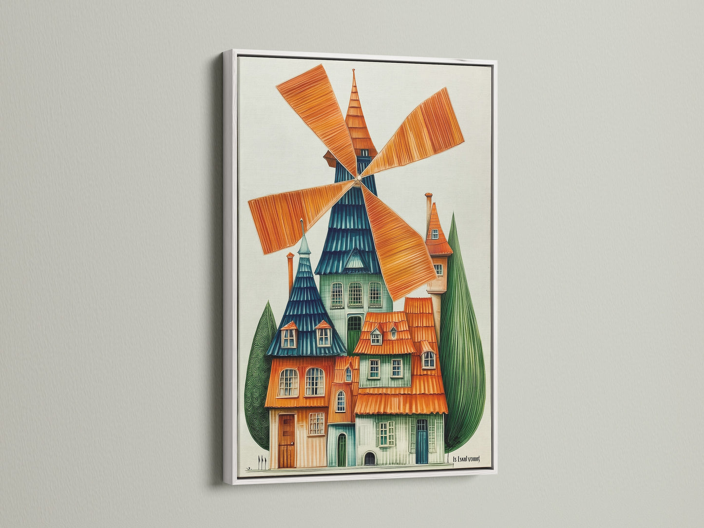 Colorful folk art poster of a whimsical windmill in a white frame. Ideal for playroom decor and kids' room art. This Dutch architecture canvas adds a unique touch to any creative space. A delightful storybook print.