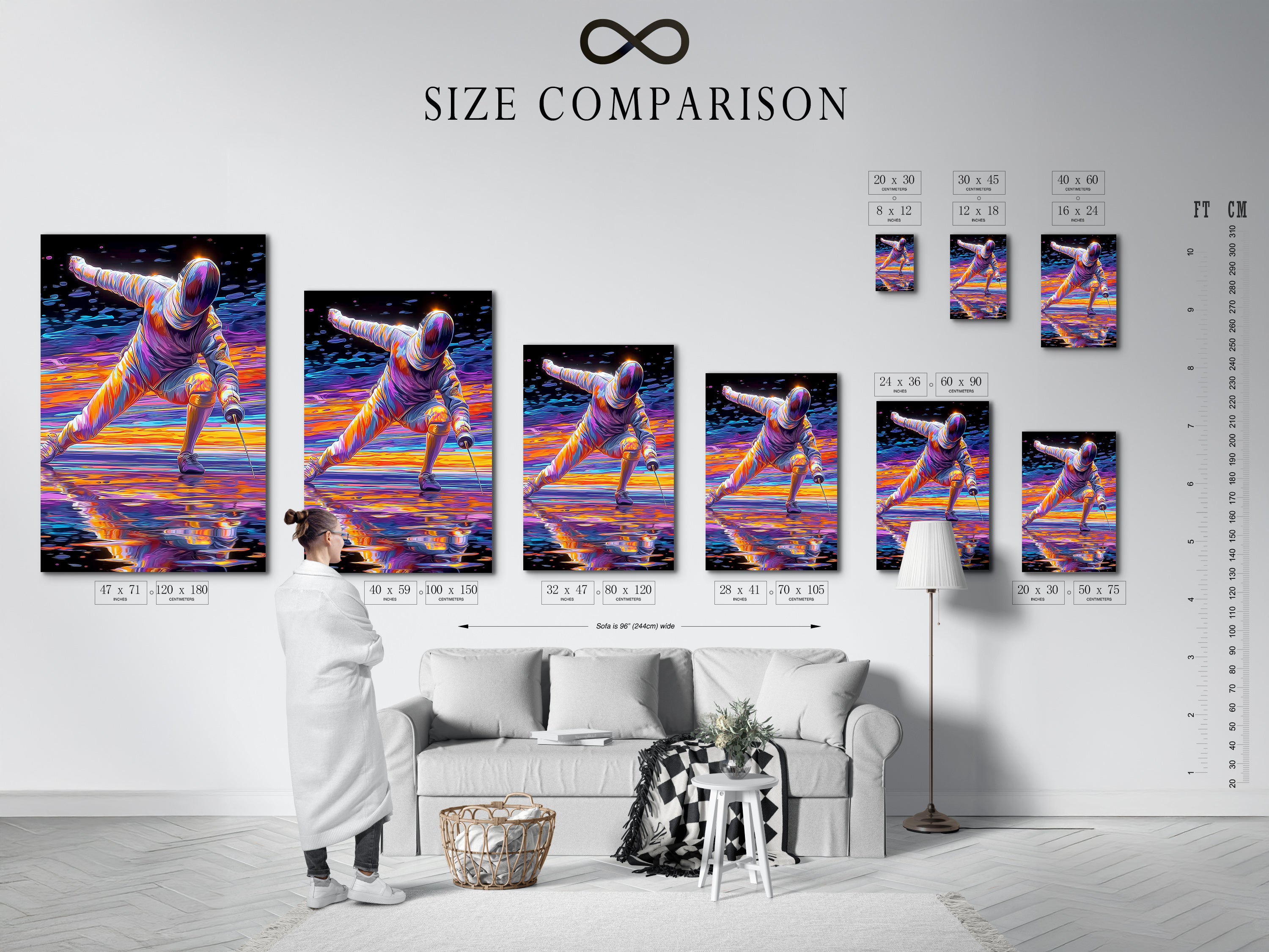 Size comparison chart of the fencing sport canvas print in an interior setting. See how this abstract duelist art fits in your space. Modern artwork adds vibrancy to any room. Visualize the perfect fit for your home.