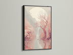 Black frame displaying the Cherry Blossom Landscape Artwork. This Japanese wall artwork creates a striking contrast. The Sakura Tree Canvas Print enhances contemporary decor. Ideal for yoga studios and meditation rooms.