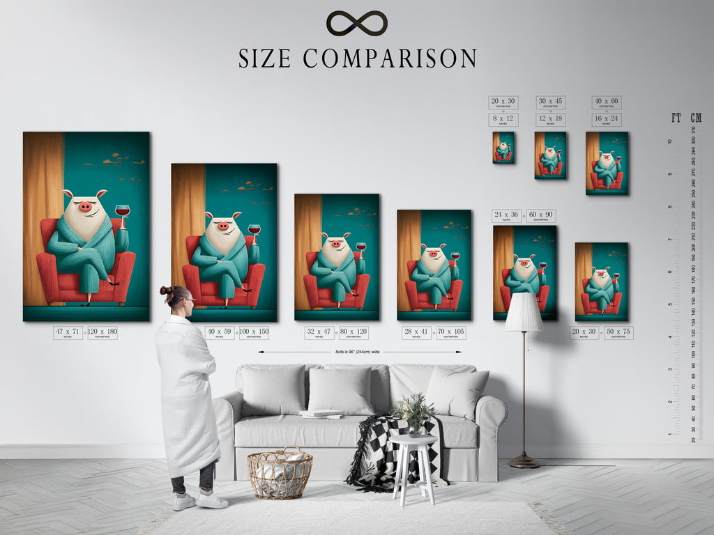 See the size comparison chart in an interior setting. Visualize how this teal pig art print will look in your home. This funny animal wall art features a pig with wine. It is perfect for kitchen wall decor. This whimsical animal artwork is available in various sizes. Find your perfect fit.