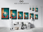 See the size comparison chart in an interior setting. Visualize how this teal pig art print will look in your home. This funny animal wall art features a pig with wine. It is perfect for kitchen wall decor. This whimsical animal artwork is available in various sizes. Find your perfect fit.