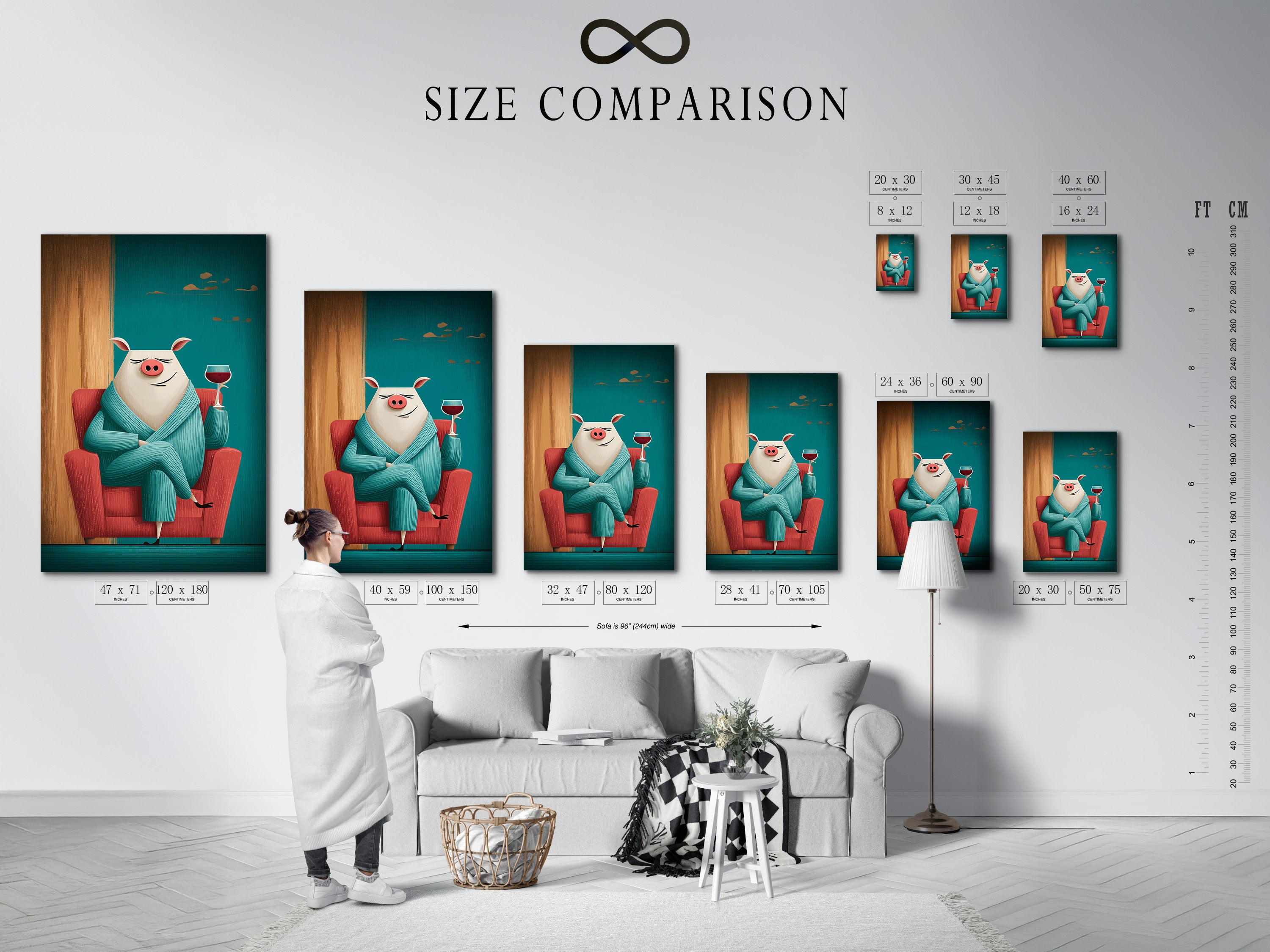 See the size comparison chart in an interior setting. Visualize how this teal pig art print will look in your home. This funny animal wall art features a pig with wine. It is perfect for kitchen wall decor. This whimsical animal artwork is available in various sizes. Find your perfect fit.