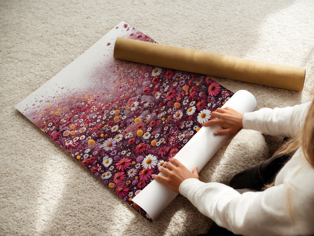 A woman carefully handles fine art poster paper. She is preparing to create a stunning floral meadow print. The artwork features red and white wildflowers. This highlights the attention to detail in crafting botanical wall art. Ideal for art lovers.