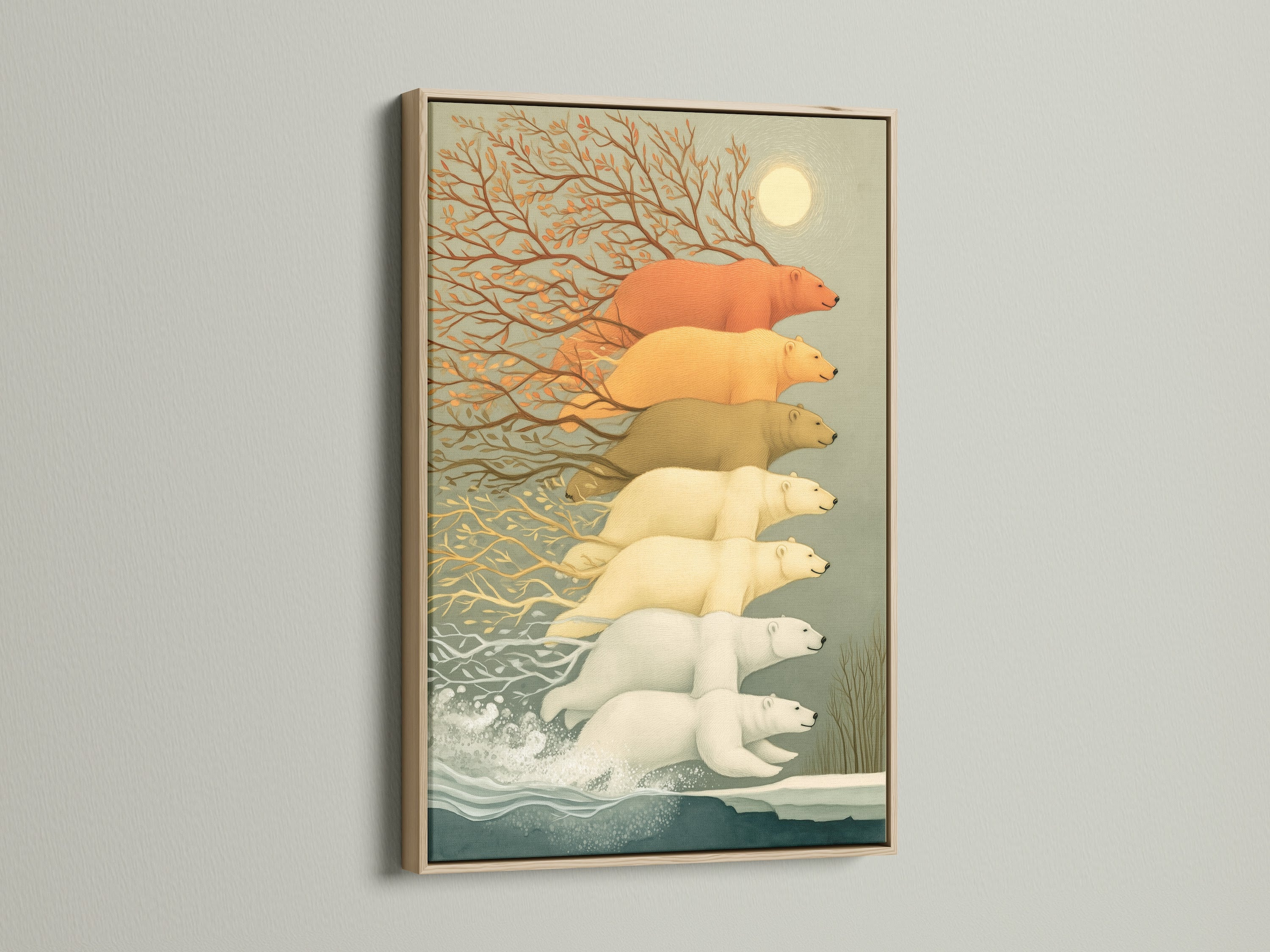 Polar Bear Artwork with an oak Frame. This art features a polar bear illustration. It is ideal for minimalist Scandinavian or contemporary styled spaces. Ocean waves add a calming touch. Perfect for kids' rooms playrooms classrooms and libraries.