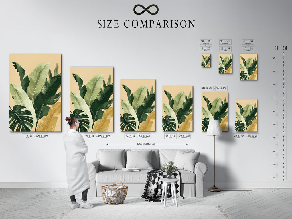 This is a size comparison chart displayed in an interior setting. The chart shows different sizes of artwork. Use this chart to visualize the perfect size for your space. Find the ideal size to create a stunning focal point.