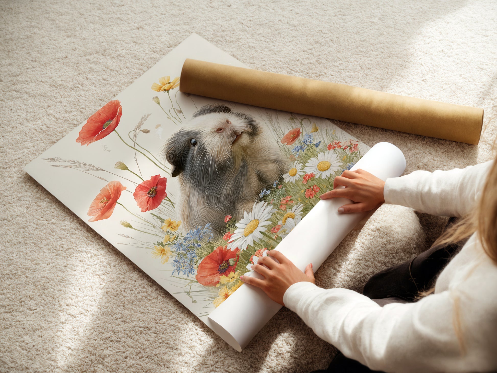 A woman carefully rolling a fine art poster paper. The poster paper is of high quality and ready for framing. The process ensures the artwork remains pristine. It is perfect for collectors and art enthusiasts who appreciate fine details.