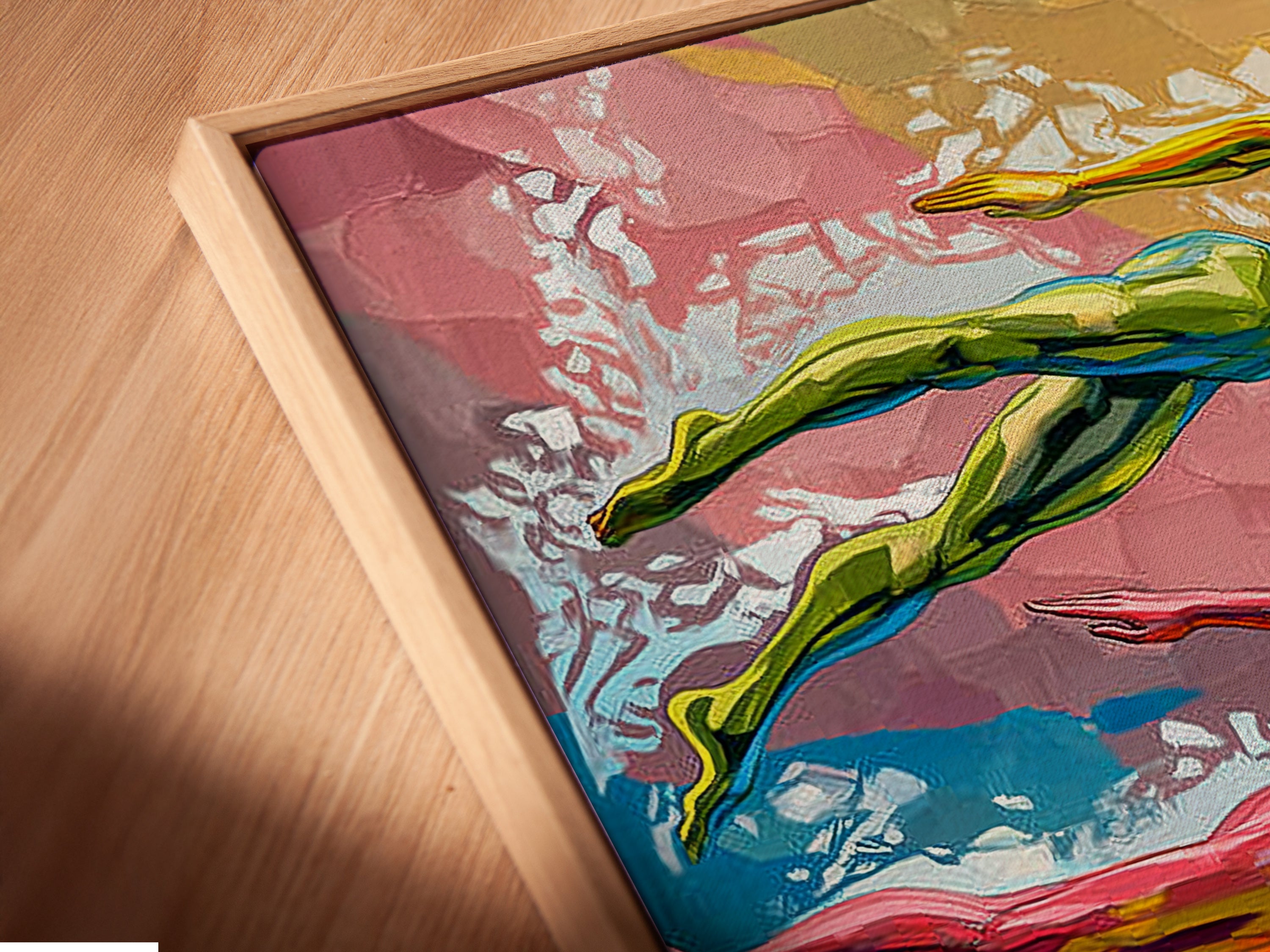 Angled close-up of a canvas print in a floating frame. The Swimming Pool Art Print is beautifully showcased. The floating frame enhances the artwork. This colorful swimmers artwork is ready to hang and enjoy. Elevate your interior with this contemporary art.