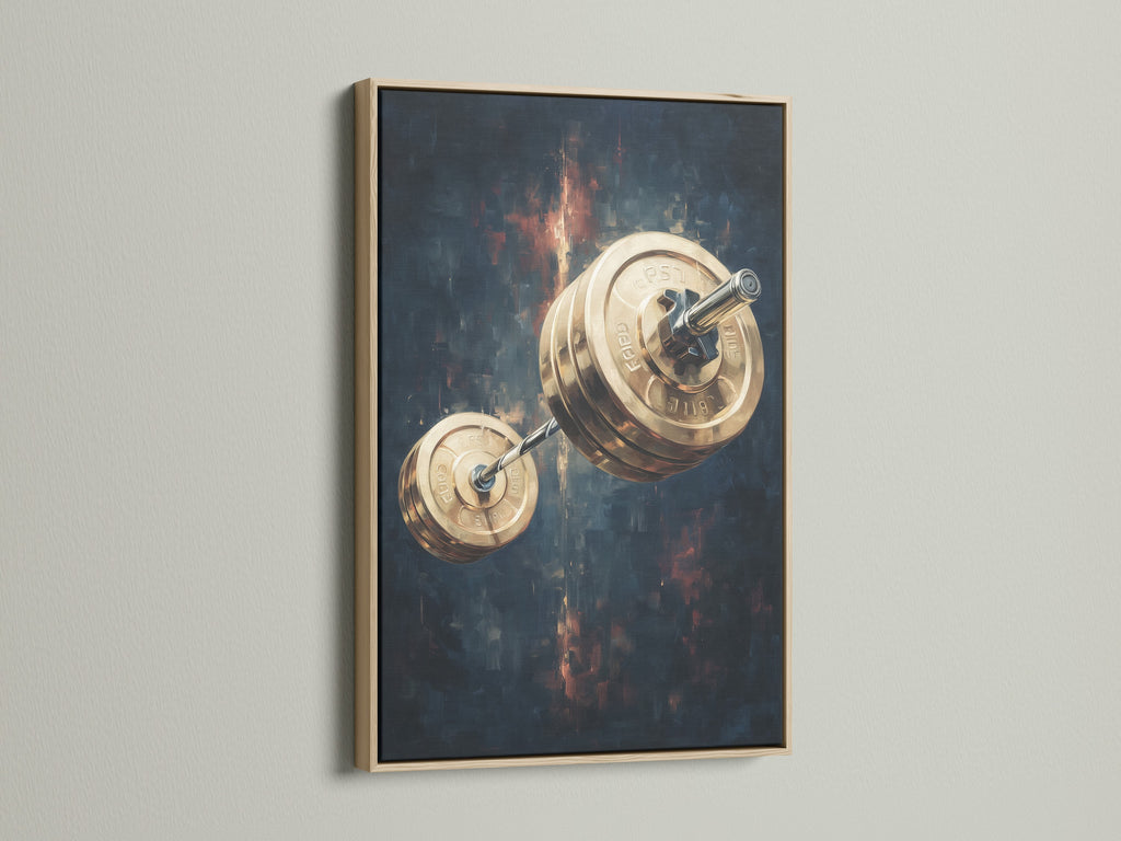 The barbell weights canvas print is showcased in an oak frame. This fitness gym wall art adds a contemporary touch. Ideal decor for modern home gyms and workout rooms. Check out the oak frame now.